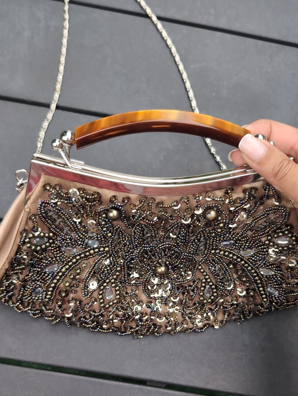 Embellished Taupe Evening Clutch with Detachable Chain